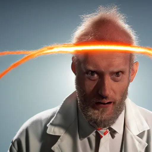 Image similar to an awkwardly tall mad scientist with a 3rd eye a tangled orange beard balding head and unruly hair wearing a labcoat, high resolution film still, movie by Robert Zemeckis and Ivan Reitman, 3rd eye in the middle of his forehead