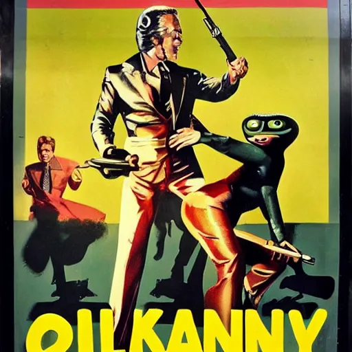 Prompt: a 1 9 7 0's b - movie poster for a movie about a man with two shotguns for legs and two shotguns for arms, his beautiful new girlfriend alien and his main villain, the state senator of kentucky richard croc