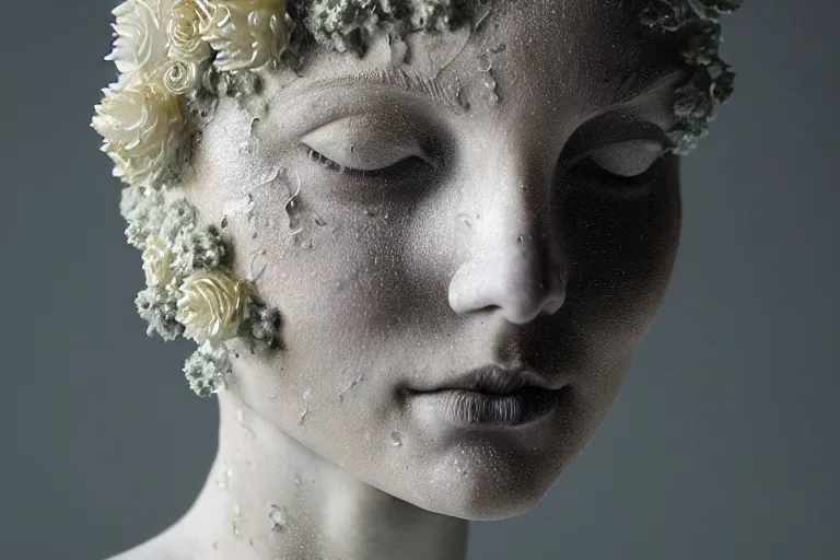 Image similar to a sculpture of a stunningly beautiful woman with flowing tears, fractal flowers on the skin, intricate, a marble sculpture by nicola samori, behance, neo - expressionism, marble sculpture, made of mist, still frame from the prometheus movie by ridley scott with cinematogrophy of christopher doyle, arri alexa, 8 k