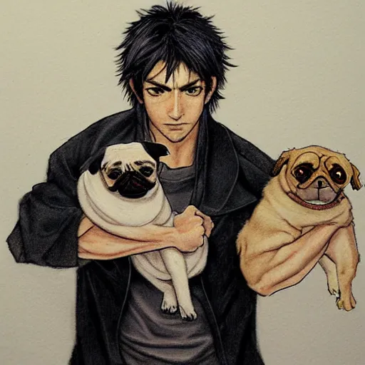 Image similar to self portrait, young white hispanic handsome man with short light brown hair and light skin and a 5 o clock shadow and holding a pug while fighting against 2 swordsmen pencil art, added detail, high definiton, colored, backfacing, illustrated by yoji shinkawa