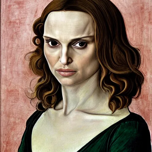 Image similar to natalie portman as gollum, elegant portrait by sandro botticelli, detailed, symmetrical, intricate