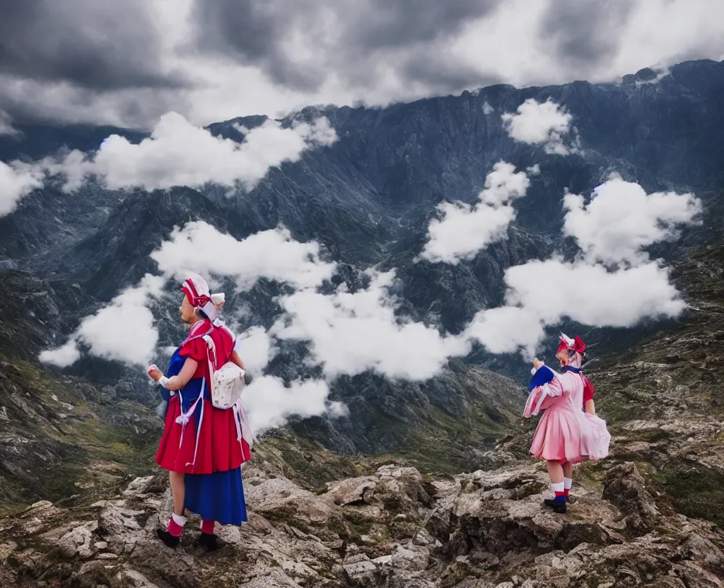 Prompt: a grandma wearing sailor moon costume wandering trough the mountains looking at the clouds very detailed focused photography cinematic lighting by martin parr