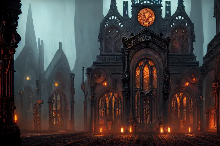 Image similar to steam necropolis, memento mori, gothic, neo - gothic, art nouveau, hyperdetailed copper patina medieval icon, stefan morrell, philippe druillet, ralph mcquarrie, concept art, steampunk, unreal engine, detailed intricate environment, octane render, moody atmospherics, volumetric lighting, ultrasharp, ominous, otherworldly