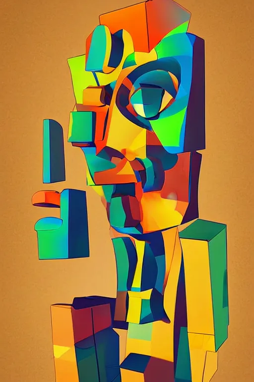 Image similar to cubist moai statue cutout digital illustration cartoon colorful beeple