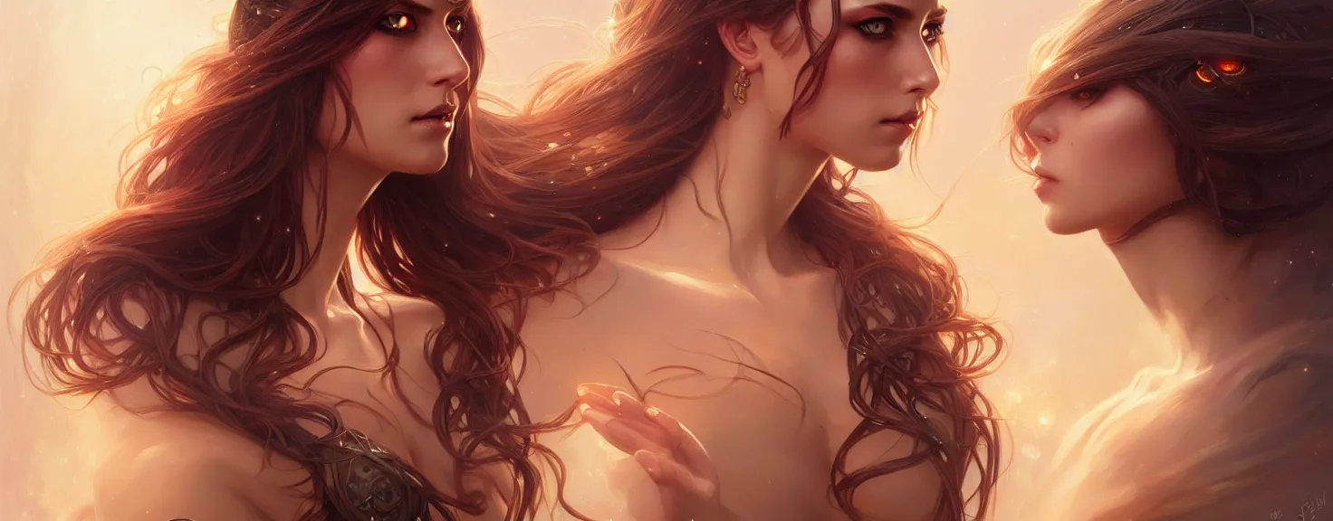 Image similar to fantasy magic woman portrait, sci-fi, amber eyes, face, long hair, fantasy, intricate, elegant, highly detailed, digital painting, artstation, concept art, smooth, sharp focus, illustration, art by artgerm and greg rutkowski and alphonse mucha