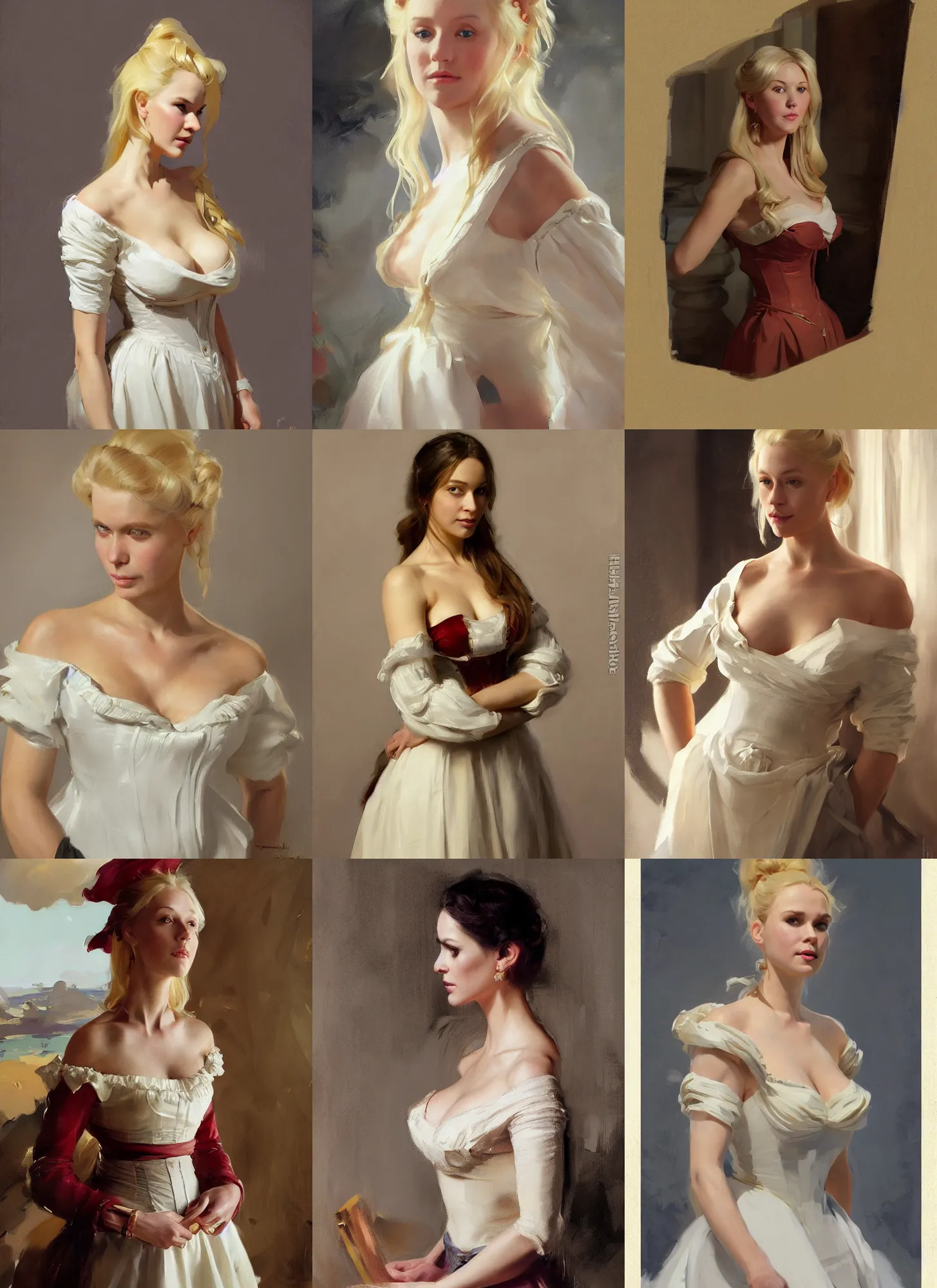 Prompt: portrait of a beautiful finnish norwegian swedish attractive blonde glamour model wearing 1 7 th century french off - the - shoulder neckline bodice with low neckline, jodhpurs greg manchess painting by sargent and leyendecker, studio ghibli fantasy medium shot asymmetrical intricate elegant matte painting illustration hearthstone, by greg rutkowski by greg tocchini by james gilleard