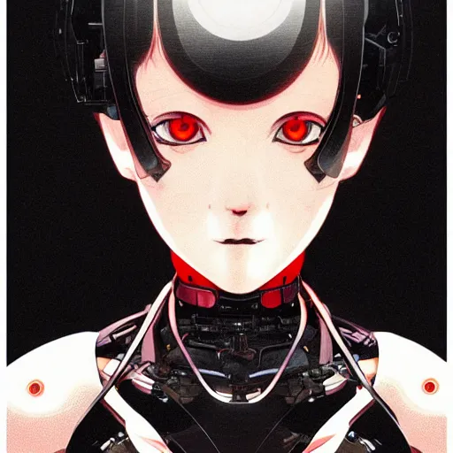 Image similar to A beautiful cyborg woman with big and cute eyes || VERY ANIME, fine-face, red and black robotic parts, realistic shaded perfect face, fine details. Anime. realistic shaded lighting poster by Ilya Kuvshinov katsuhiro otomo ghost-in-the-shell, magali villeneuve, artgerm, Jeremy Lipkin and Michael Garmash, Rob Rey and Kentarõ Miura style, trending on art station