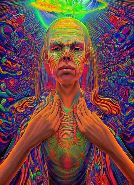 Prompt: portrait ultra dimensional cult girl shaman, accidentally tripping on dmt and acid, psychedelic experience, overwhelming psychosis of self realization and burning awakening, ultra high definition, unreal engine 5, hyperrealism, masterpiece composition, by casey weldon, barclay shaw