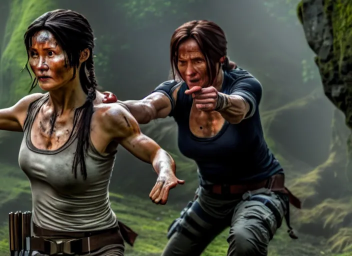 Image similar to film still of!!!! jackie chan jackie chan jackie chan!!! as lara croft in new tomb raider movie, 8 k