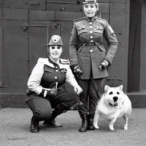 Prompt: female soldier with corgi sniffer dog, old photograph in sci-fi city