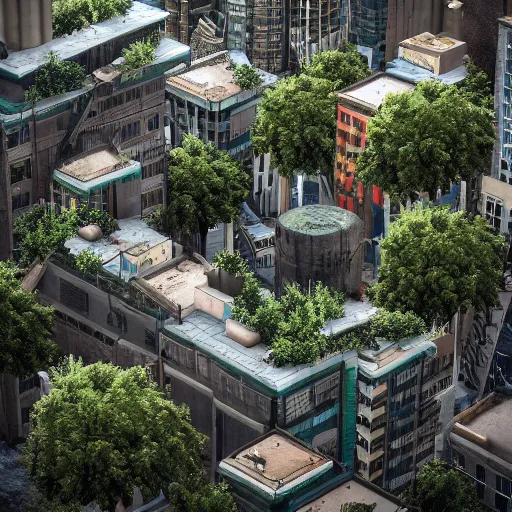 Image similar to a world fallen by disease, seattle completely wasted away, nature taken over and grow over buildings, high quality photorealism, cinematic, epic, Deviantart, Octane render