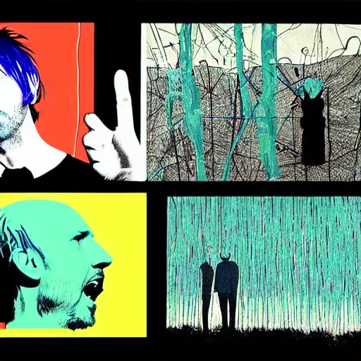 Prompt: Collage, color by Radiohead, Thom Yorke (Thom Yorke), Jonny Greenwood (Jonny Greenwood), Colin Greenwood (Colin Greenwood), Ed O'Brien (Ed O'Brien), Philip Selway (Philip Selway), by Stanley Donwood