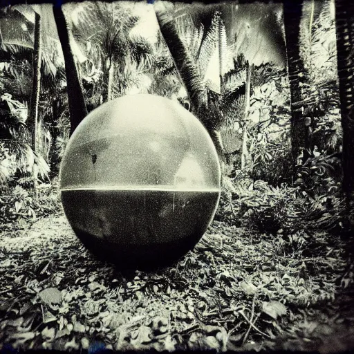 Prompt: photo on zenith, crushed satellite in the tropical wood, palms, overgrown place, 7 0 s, mystic, melancholy, pinhole analogue photo quality, lomography, scratches on photo, noise effect, blur effect