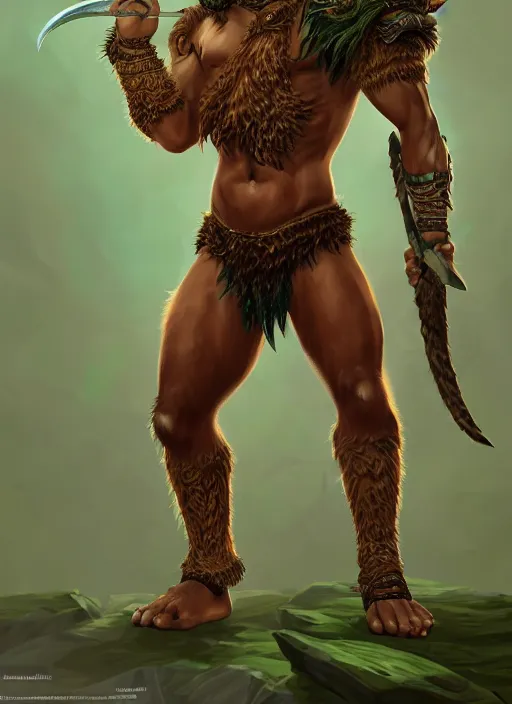 Prompt: a highly detailed illustration of fierce attractive young tanned tribal boy wearing green wolf mane, heroic wielding club pose, muscular, intricate, elegant, highly detailed, centered, digital painting, artstation, concept art, smooth, sharp focus, league of legends concept art, wlop