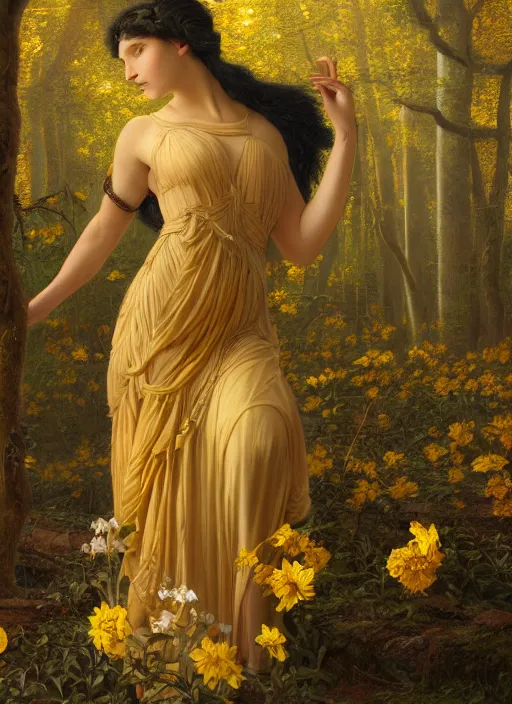 Prompt: intricate oil painting portrait by John William Godward and Anna Dittman depicting a female fantasy cleric in a bright temple surrounded by yellow spring forest and dead trees, evening, atmospheric lighting, intricate detail, cgsociety, hyperrealistic, octane render, RPG portrait, ambient light, dynamic lighting