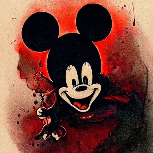 Image similar to front view of a demonic evil mickey mouse with dripping blood, symmetrical, by jean - baptiste monge!!!!!!!!!!!!!!!!!!!!!!!!!!!