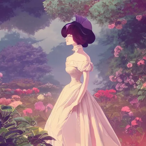 Image similar to a beautiful woman in victorian era fashion, royal garden landscape, 4k, anime key visual, lois van baarle, ilya kuvshinov, rossdraws, artstation