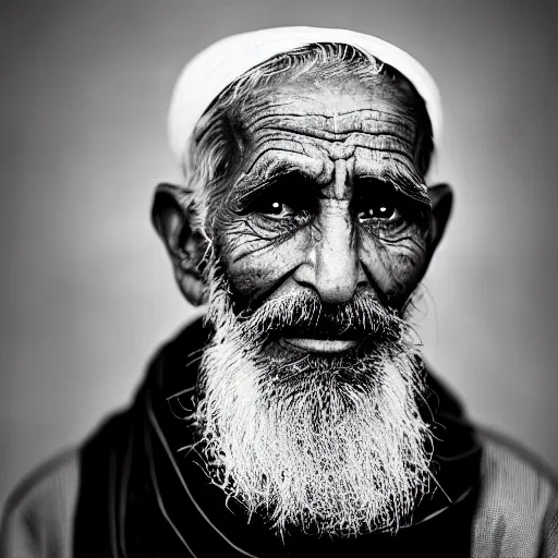 Prompt: black and white photo, portrait of 80 year old afghan man by alec soth, realistic, Leica, medium format, cinematic lighting, parallax, high resolution,