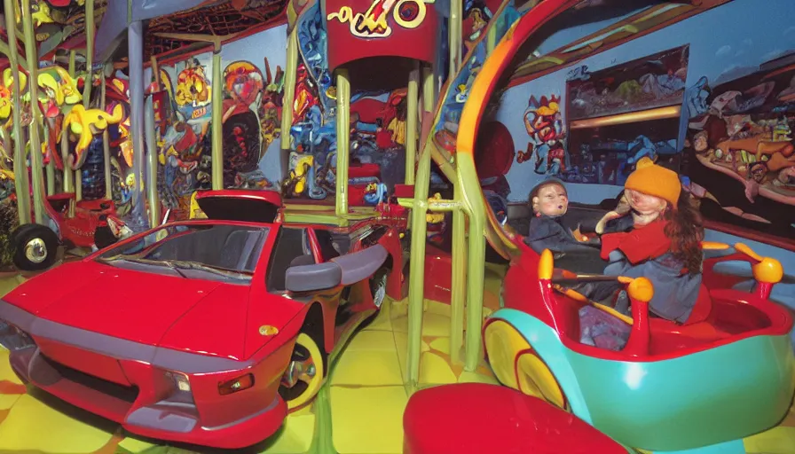 Image similar to 1990s photo of inside the Beanie Baby ride at Universal Studios in Orlando, Florida, children riding in Lamborghini through a Luxurious Mansion, cinematic, UHD