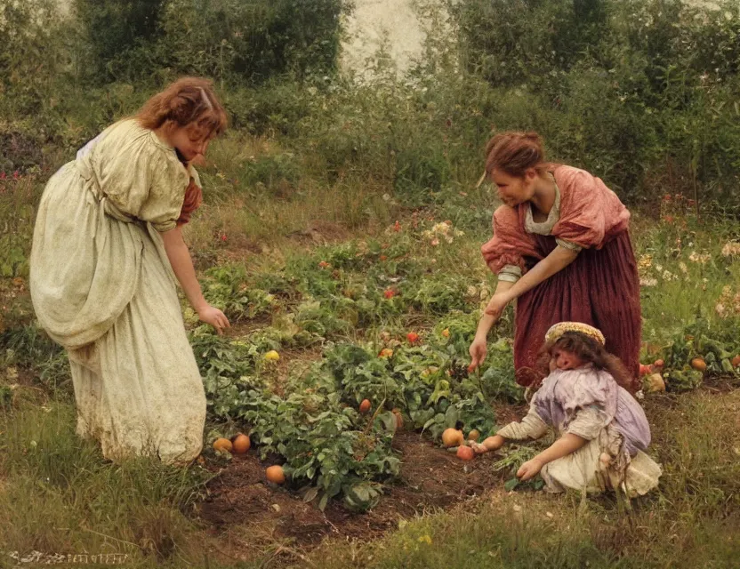 Image similar to 3 peasant girl picking vegetables from garden, cottage core, cinematic focus, polaroid photo bleached vintage pastel colors high - key lighting, soft lights, foggy, by steve hanks, by lisa yuskavage, by serov valentin, by tarkovsky, 8 k render, detailed, oil on canvas