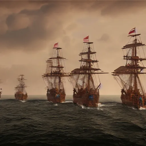 Prompt: 18th century fleet fighting in the open sea, octane render, 3D render, real footage, drone footage, highly detailed, daylight,