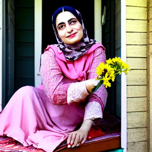 Image similar to a beautiful portrait of actress rabia soyturk sitting on the porch holding a flower, in front of the house