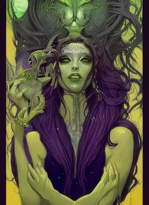 Prompt: portrait of princess of the dreamlands and moon beast, beautiful! coherent! by brom, muted colors, yellow purple green black