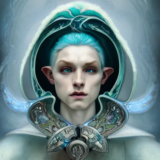 Image similar to an epic concept art of a handsome androgynous male snow elf with a bow in a turquoise cape and silver armour, albino skin, winter vibes, elegant, very coherent symmetrical artwork, by tomasz alen kopera and alphonse mucha, photorealistic, sharp focus, octane render, rtx, hdr, unreal 5, trending on artstation