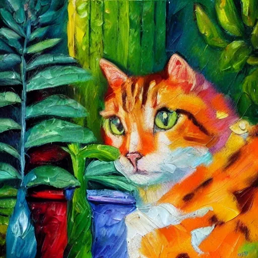 Image similar to palette knife oil painting of a cat surrounded by plants