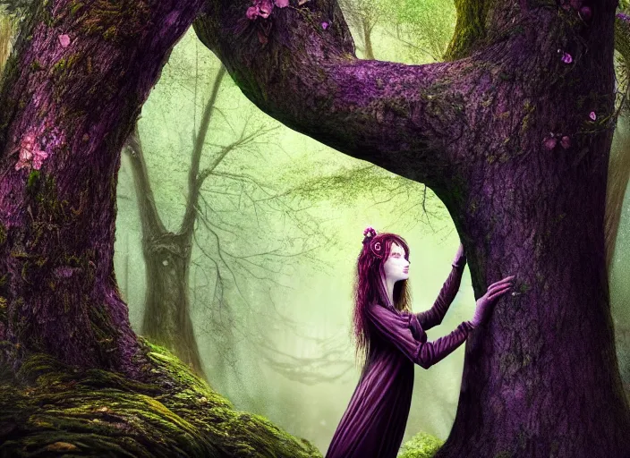 Image similar to a woman growing out of a tree in a magical forest. Fantasy magic horror style. Highly detailed 8k. Intricate. Nikon d850 55mm. Award winning photography.