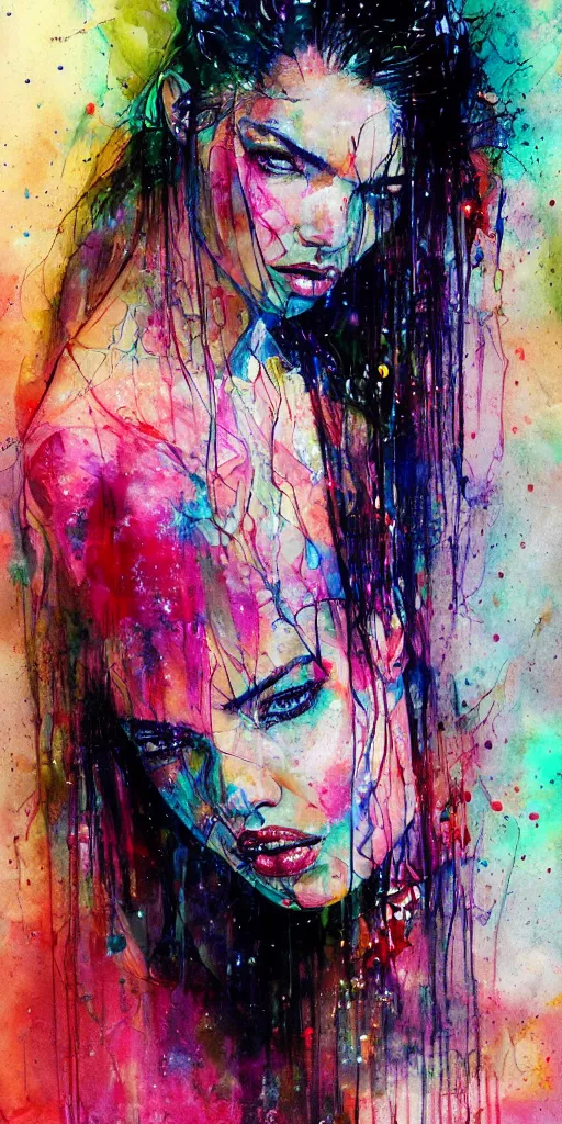 Image similar to adriana lima by agnes cecile enki bilal moebius, intricated details, sitting on a stool, full body portrait, extremely luminous bright design, pastel colours, drips, autumn lights