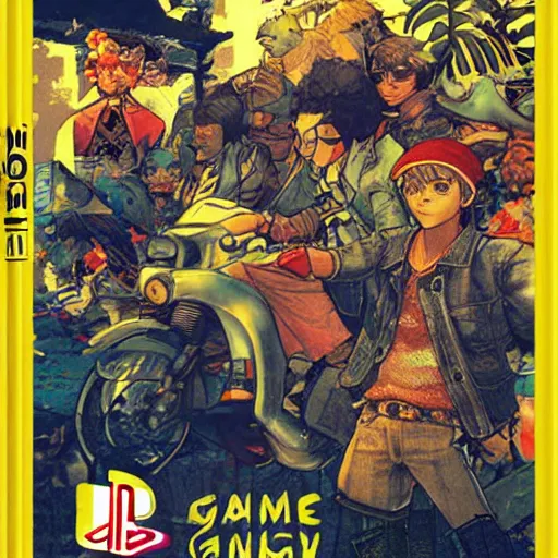 Prompt: The Banana Blue Gang, game poster printed on playstation 2 video game box , Artwork by Akihiko Yoshida, cinematic composition