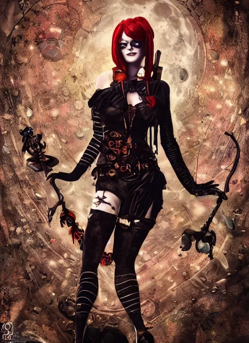 Image similar to underwater dark goth gothic steampunk portrait of emma stone as harley quinn, full moon, hyper detailed, digital art, cinematic lighting, studio quality, smooth render, unreal engine 5, octane rendered, art style by klimt and nixeu and ian sprigger and krenz cushart.