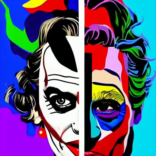 Image similar to richard hamilton and mimmo rottela as lady gaga harley queen and joaquin phoenix joker, pop art, dynamic composition, face and body features, ultra realistic art, smooth, sharp focus, illustration, concept art, intricarion h 7 6 8