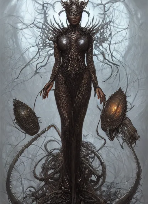 Image similar to full portrait of queen of the last hive, black metal shiny skin. intricate, elegant, highly detailed, centered, digital painting, artstation, concept art, smooth, sharp focus, illustration, artgerm, tomasz alen kopera, peter mohrbacher, donato giancola, joseph christian leyendecker, wlop, frank frazetta