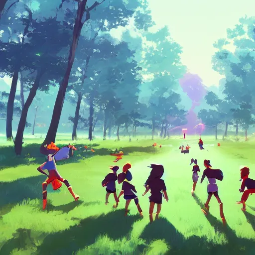 Prompt: training battle, group of children, training fields, summer camp, highly detailed, artstation, digital painting, vibrant colors, by makoto shinkai and thomas kindle and james gilleard