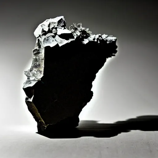 Prompt: light refraction from a mineral rock, in a dark studio room. magical-like style. Some burning smoke coming out of it. Photography from Mineral auctions, mineral collections, rare mineral. rare raw metal.