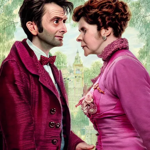 Image similar to david tennant and imelda staunton as dolores umbridge in pink clothes with the tenth doctor who, highly detailed, artstation, concept art, fantasy, smooth, sharp focus, illustration, perfect face, art by nikolay makovsky, jacek malczewski, arthur hughes, edward okun, franz xaver winterhalter