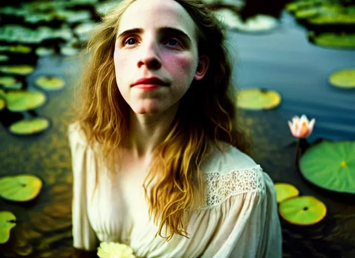 Image similar to Kodak Portra 400, 8K, soft light, volumetric lighting, highly detailed, brit marling style 3/4 ,view from above of close-up portrait photo of a beautiful woman how pre-Raphaelites painter, to float on one's back, part of the face is emerging of a pond with water lilies, she has a beautiful lace dress and hair are intricate with highly detailed realistic beautiful flowers , Realistic, Refined, Highly Detailed, natural outdoor soft pastel lighting colors scheme, outdoor fine art photography, Hyper realistic, photo realistic,warm lighting,