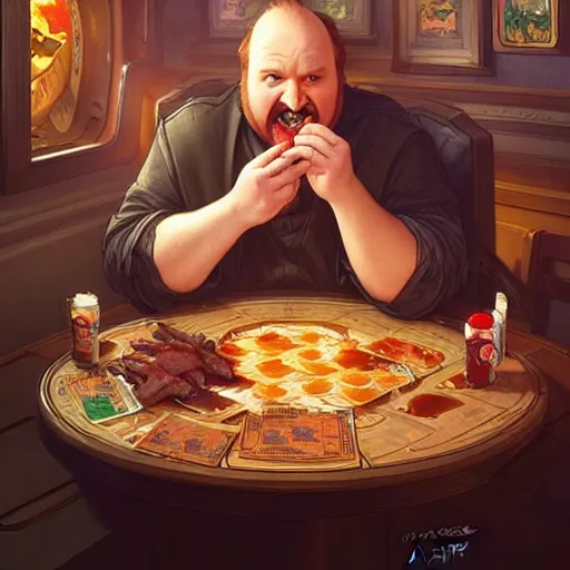 Image similar to louie ck eating big macs, dripping BBQ Sauce, serving happy meals, D&D, spilling ketchup, fantasy, intricate, elegant, highly detailed, digital painting, artstation, concept art, matte, sharp focus, illustration, hearthstone, art by Artgerm and Greg Rutkowski and Alphonse Mucha