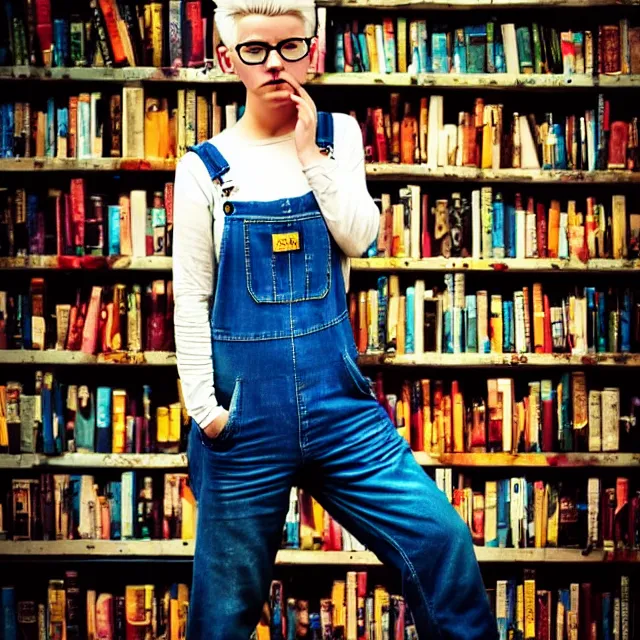 Image similar to full body pose, beautiful adult book fairy, pixar, short white hair shaved sides, dirty, grungy, grunge, long sleeve, painted overalls, stacks of giant books, highly detailed, 4 k, hdr, smooth, sharp focus, high resolution, award - winning photo, artgerm, photorealistic