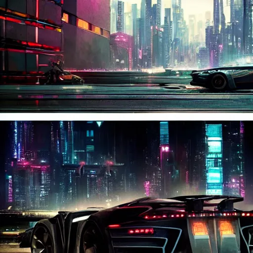 Image similar to cyberpunk city, cyberpunk car lamborgini counatch, blade runner style, visual byoperator roger deakins, by neill blomkamp, elysium and altered carbon style, extreamly detailed, by ghost in the shell, by mamoru oshii