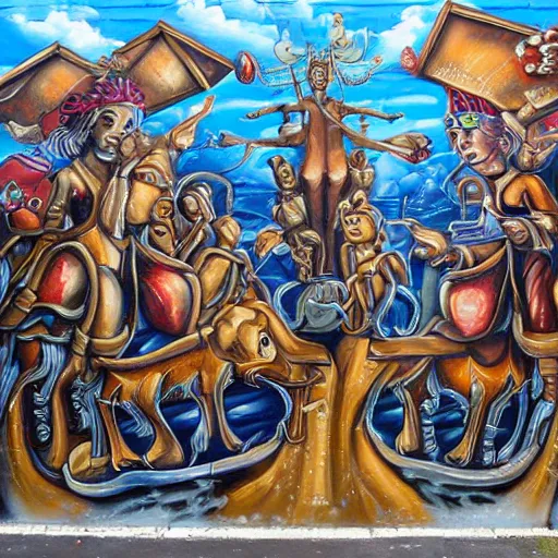 Image similar to hypperealistic art mural,'the saints'street gang mural