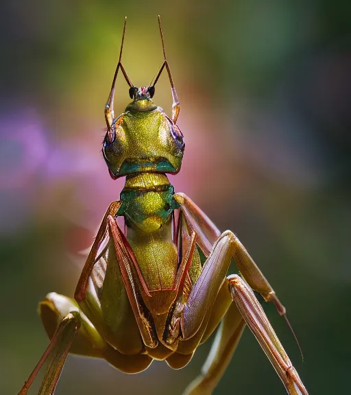 Prompt: super macro photo of a golden mantis on a flower in a forest. dof. bokeh. magical atmosphere. art by greg rutkowski. lifelike. very detailed 8 k. intricate. soft light. nikon d 8 5 0.