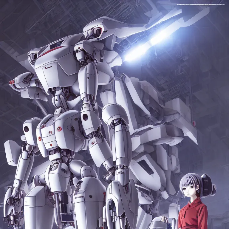 Prompt: katsuhirootomo and kishiro yukito and jason chan style, japanese manga, mecha girl, eva, background in machine maintenance headquarters, manga cover, hd, fine details, detailed works, noise reduction, hd, unreal engine, 8 k,