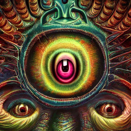 Image similar to dark fantasy, 4 k, textured 3 d, intense detail, psychedelic, amazing background, bas relief, eyeball in center of hideous monster, alex grey style