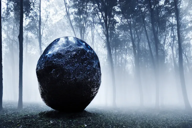 Prompt: big strong glowing mystical crystal inside a dark foggy forest, surrounded by a foew few glowing crystal