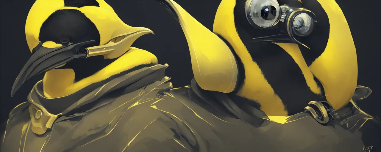 Image similar to duotone yelow black white concept illustration of 3 / 4 portrait of penguin with penguin beak as steampunk cyborg. cinematic volumetric lighting. golden ratio accidental renaissance. by sachin teng and sergey kolesov and ruan jia and heng z. graffiti art, scifi, fantasy, hyper detailed. octane render. concept art. trending on artstation