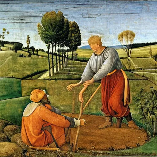 Prompt: Farmer tilling his field by Fra Filippo Lippi,