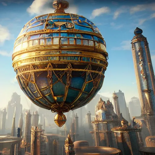 Image similar to enormous flying city in a faberge egg, sky background, steampunk, fantasy art, masterpiece, unreal engine